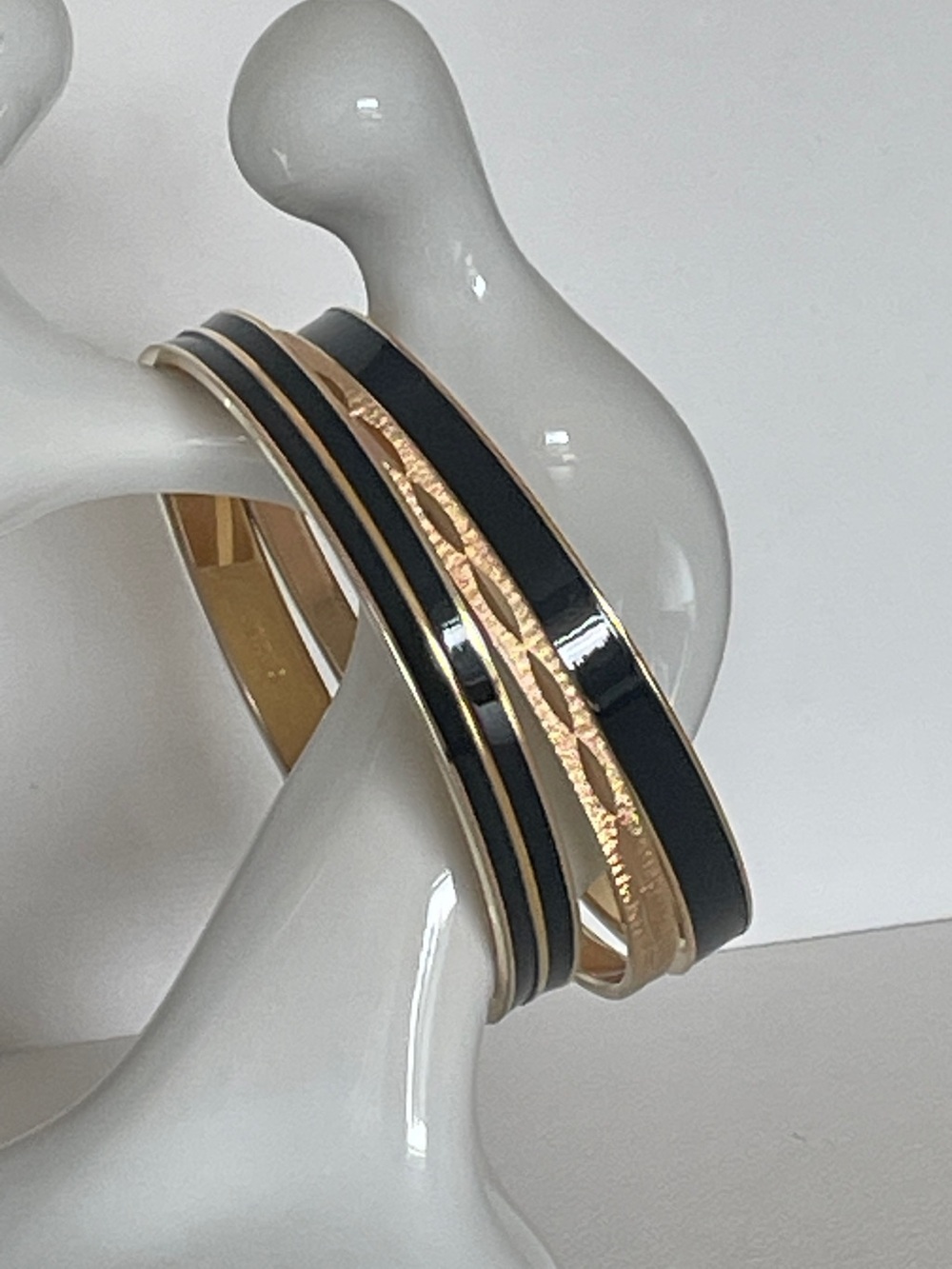 Vintage Monet Bangle Bracelets Set of 3 Gold Plate and Black Enamel Size 7.75